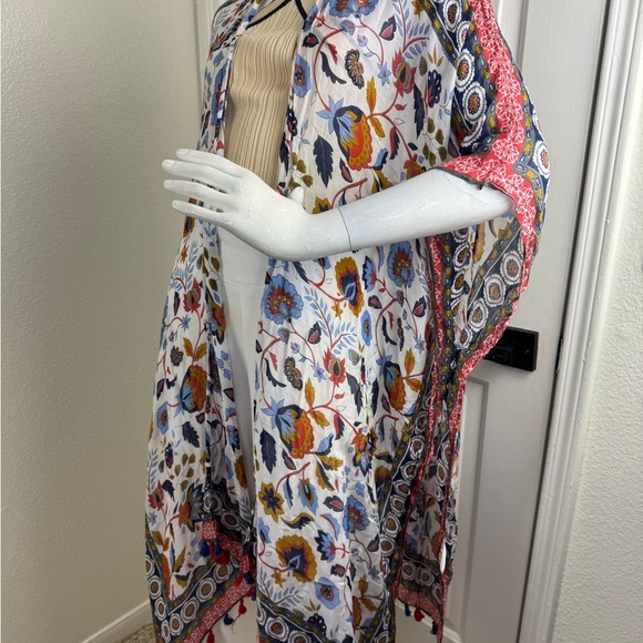 Ruggine Multi Color Bright Floral Lightweight Kimono with Pom Pom Trim. - Picture 8 of 10